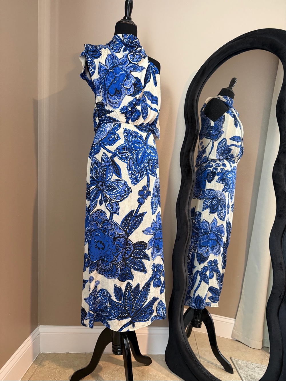 Johanna Ortiz Ecru/Blue Floral High Neck Asymmetric Cut Out Midi Dress 4